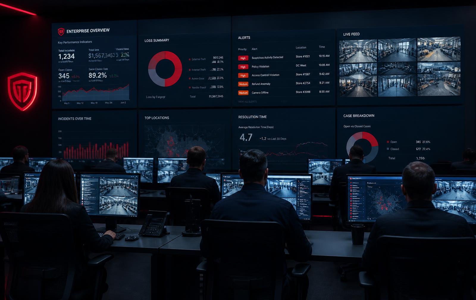 Loss-prevention analysts reviewing enterprise dashboards and surveillance analytics in an operations center