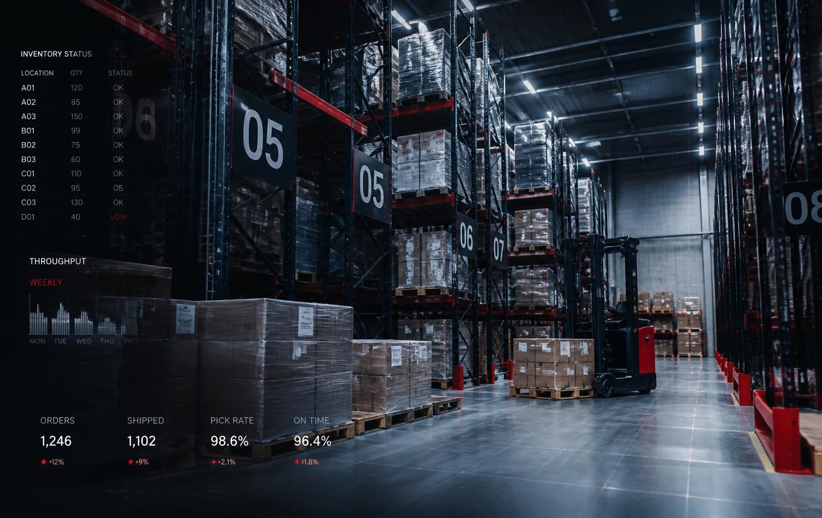 Warehouse racking and pallet inventory with inventory status data overlay